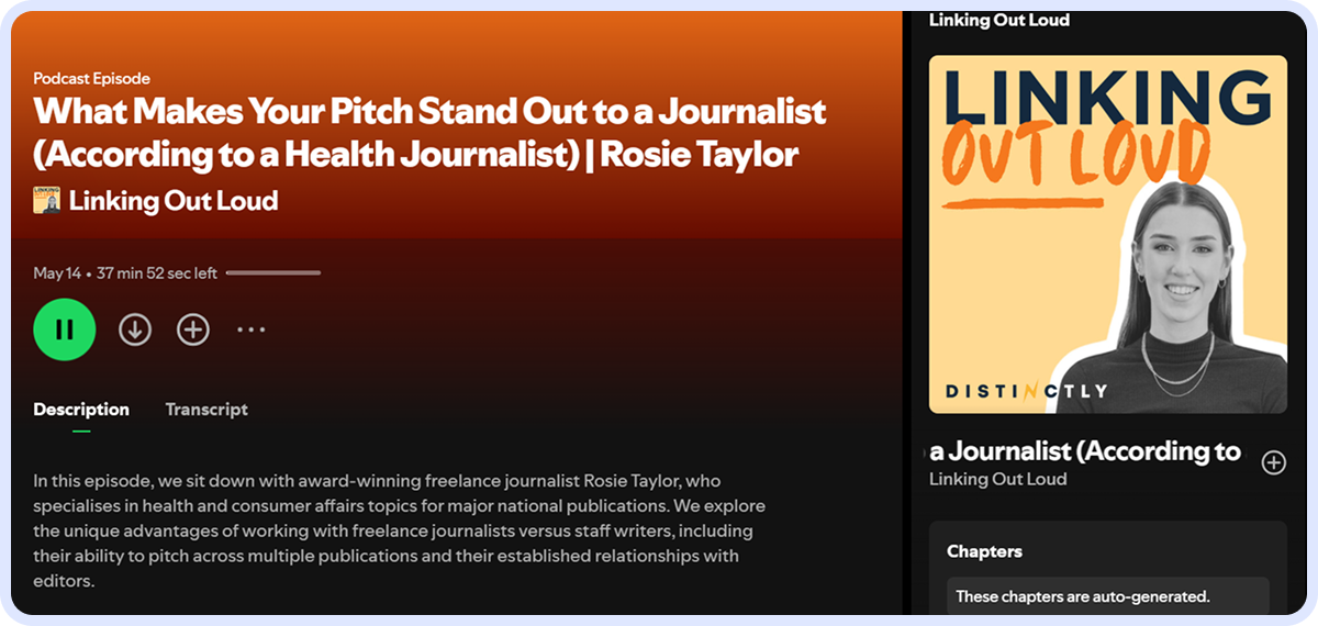 Podcast cover for the Linking Out Loud episode “What Makes Your Pitch Stand Out to a Journalist” featuring journalist Rosie Taylor.